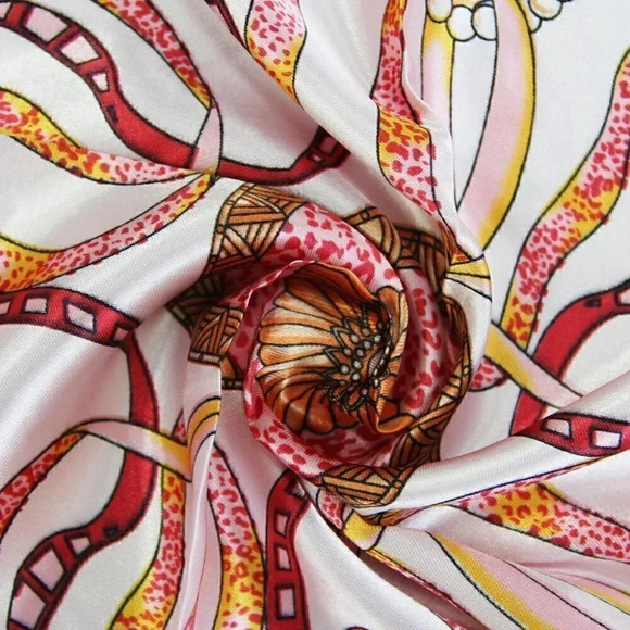 NEW Women's Chic Pink Ribbons Pearls and Gold Scarf - Picture 4 of 5